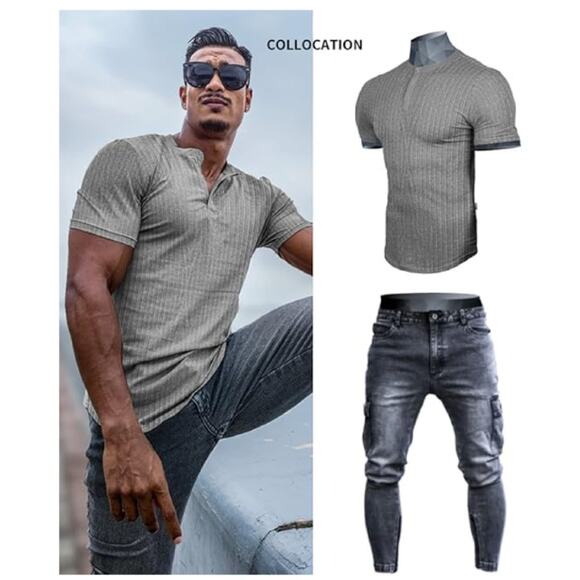 Muscle Cmdr Men's Ribbed Henley Shirt Short Sleeve Slim Fit Muscle Shirt - Picture 4 of 4